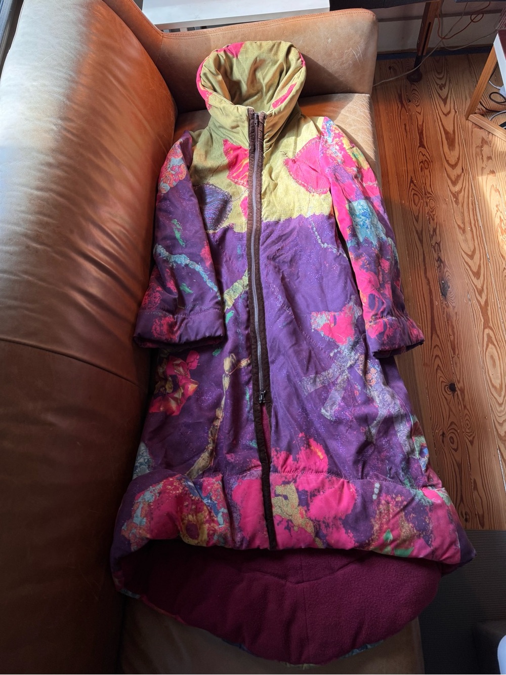 Vintage Louise Della Purple & Pink Floral Long Puffer Coat whimsy fairy Y2K